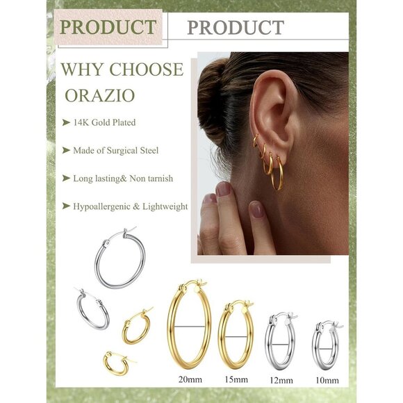 Women’s Stainless Steel Hoop Earrings Set 8 Pairs Gold Silver 10-20MM - Picture 2 of 8